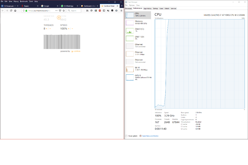 CPU load when mining Monero under Windows